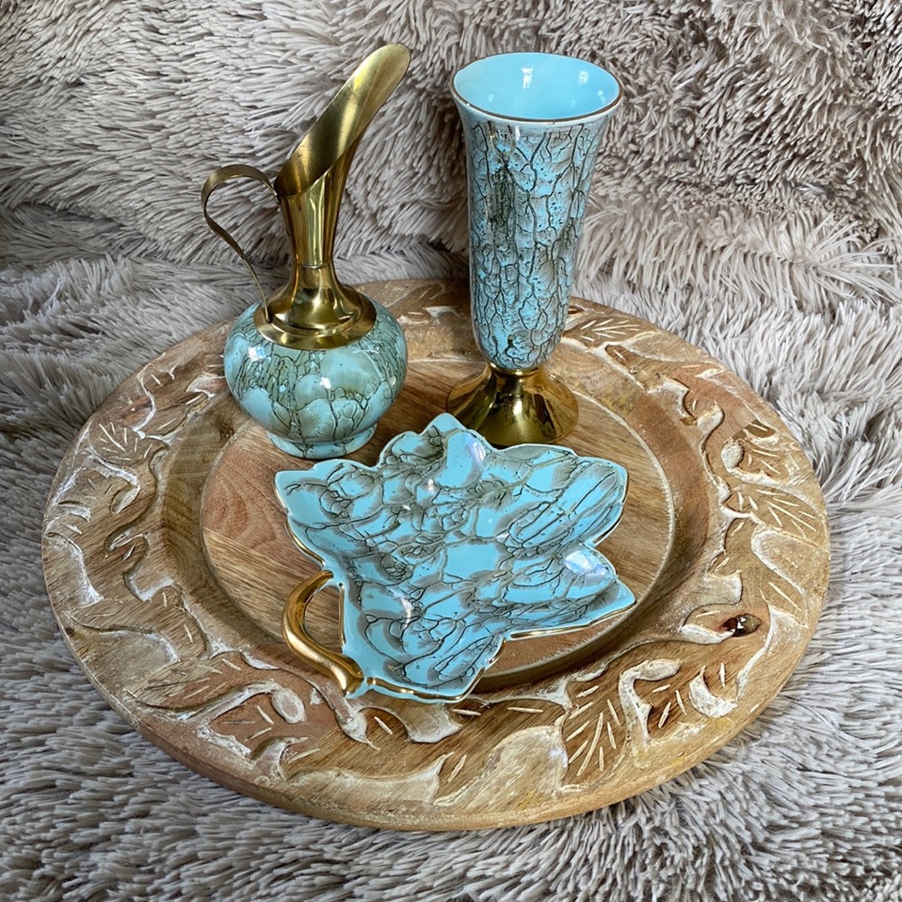 MCM HAND-PAINTED DELFTS HOLLAND GOLD BLUE MARBLE VASE & PLATE 3 PIECE SET